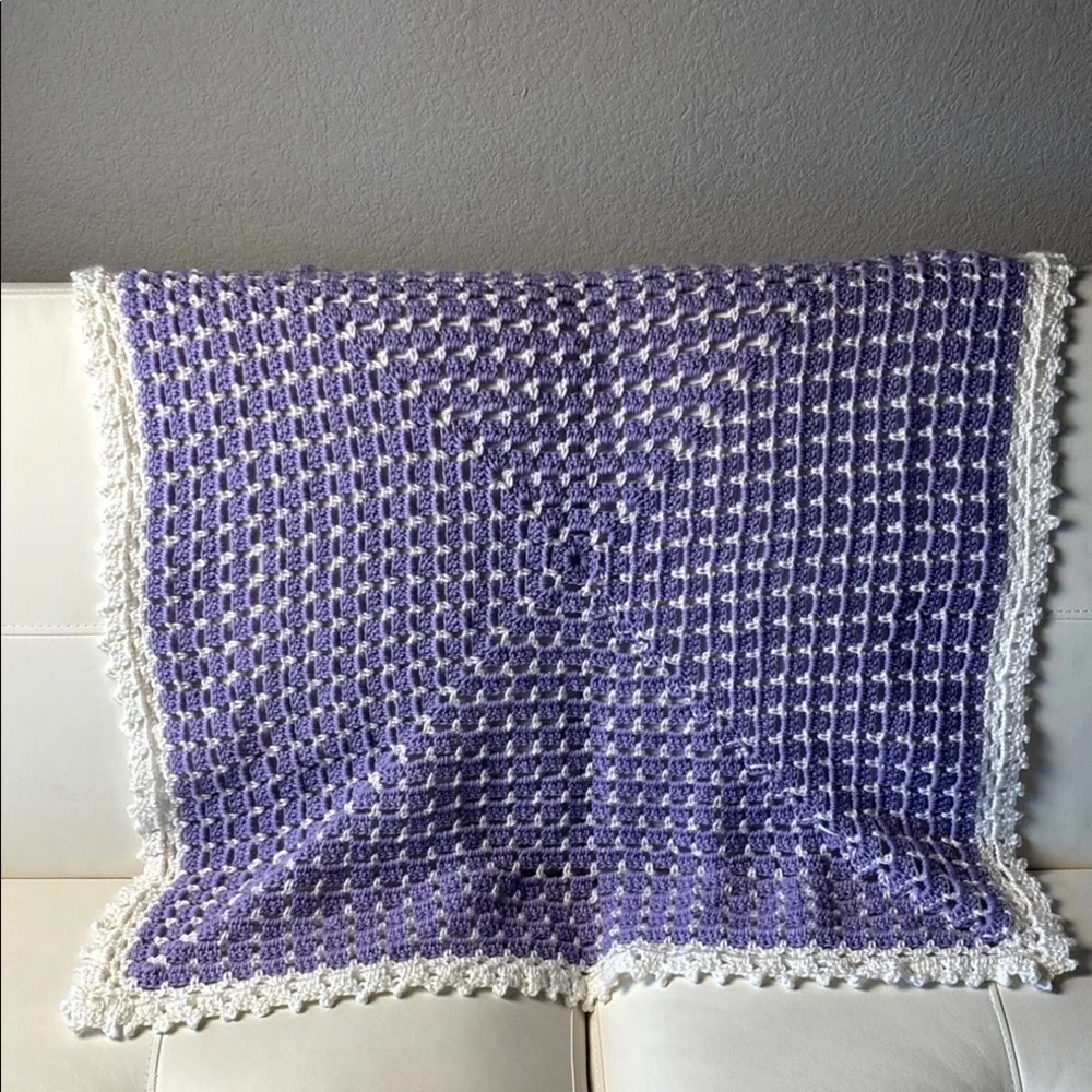Handmade Purple and White Crochet Throw Blanket
